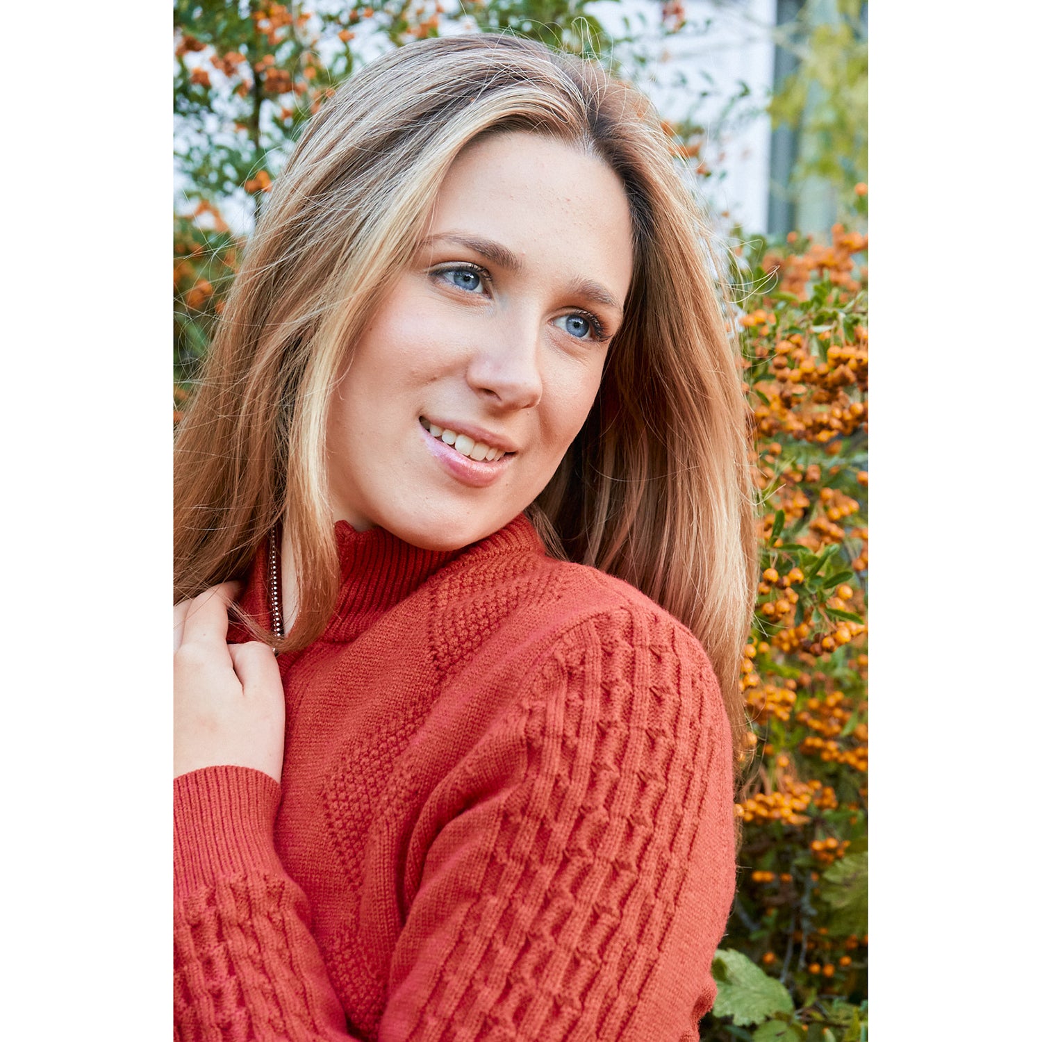 Pure Ladies Cable Knit Lined Quarter Zip Sweater in Orange