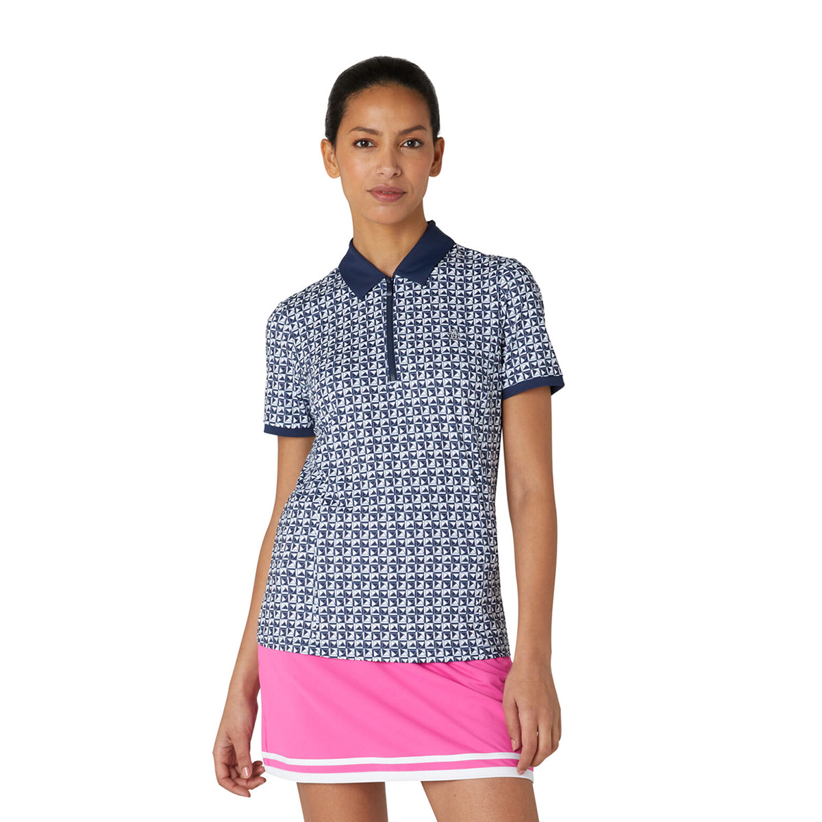 Original Penguin Ladies Navy Short Sleeve Geo Print Polo Shirt with Mesh Panels