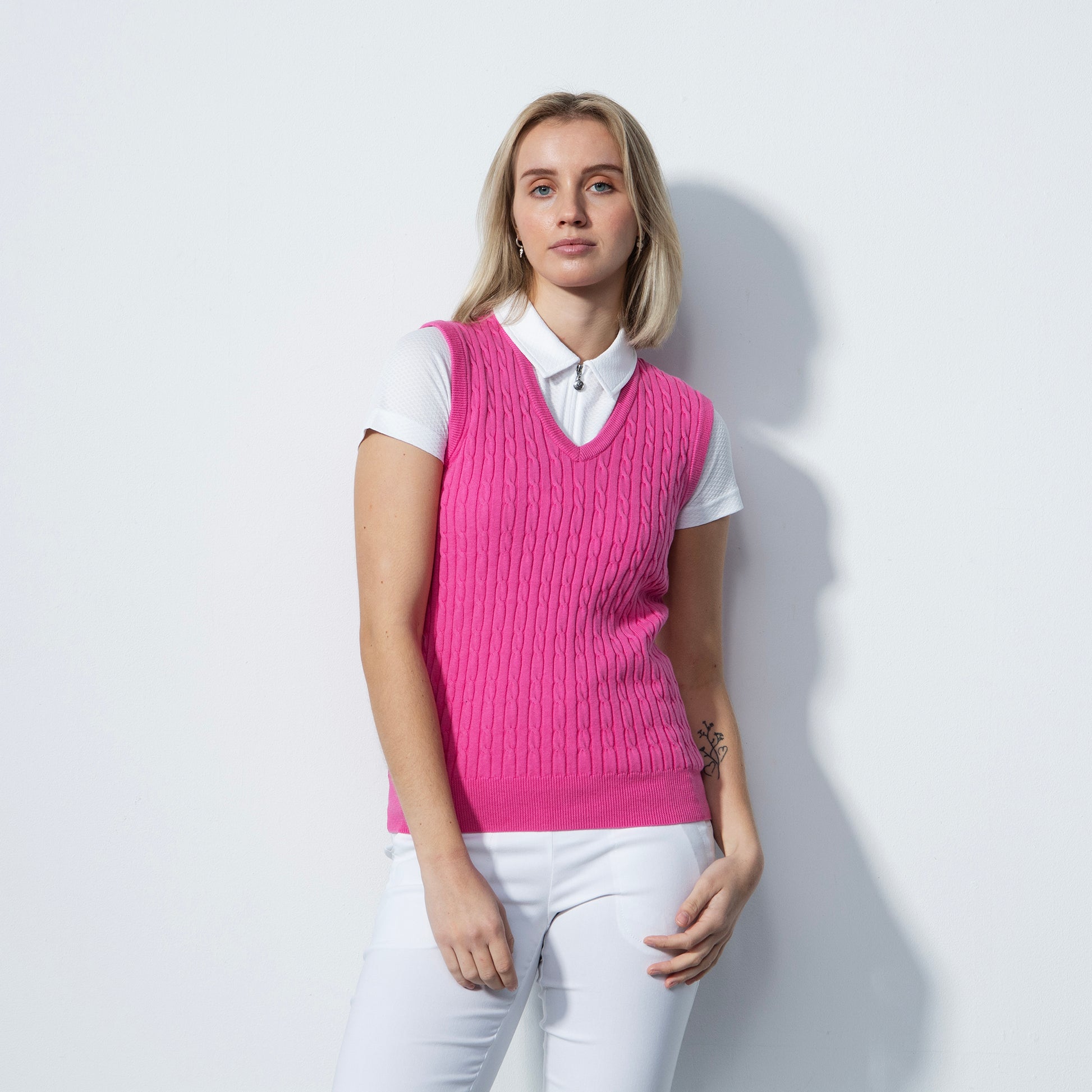 Daily Sports Ladies Cable Knit Sleeveless Sweater in Pink Sky 