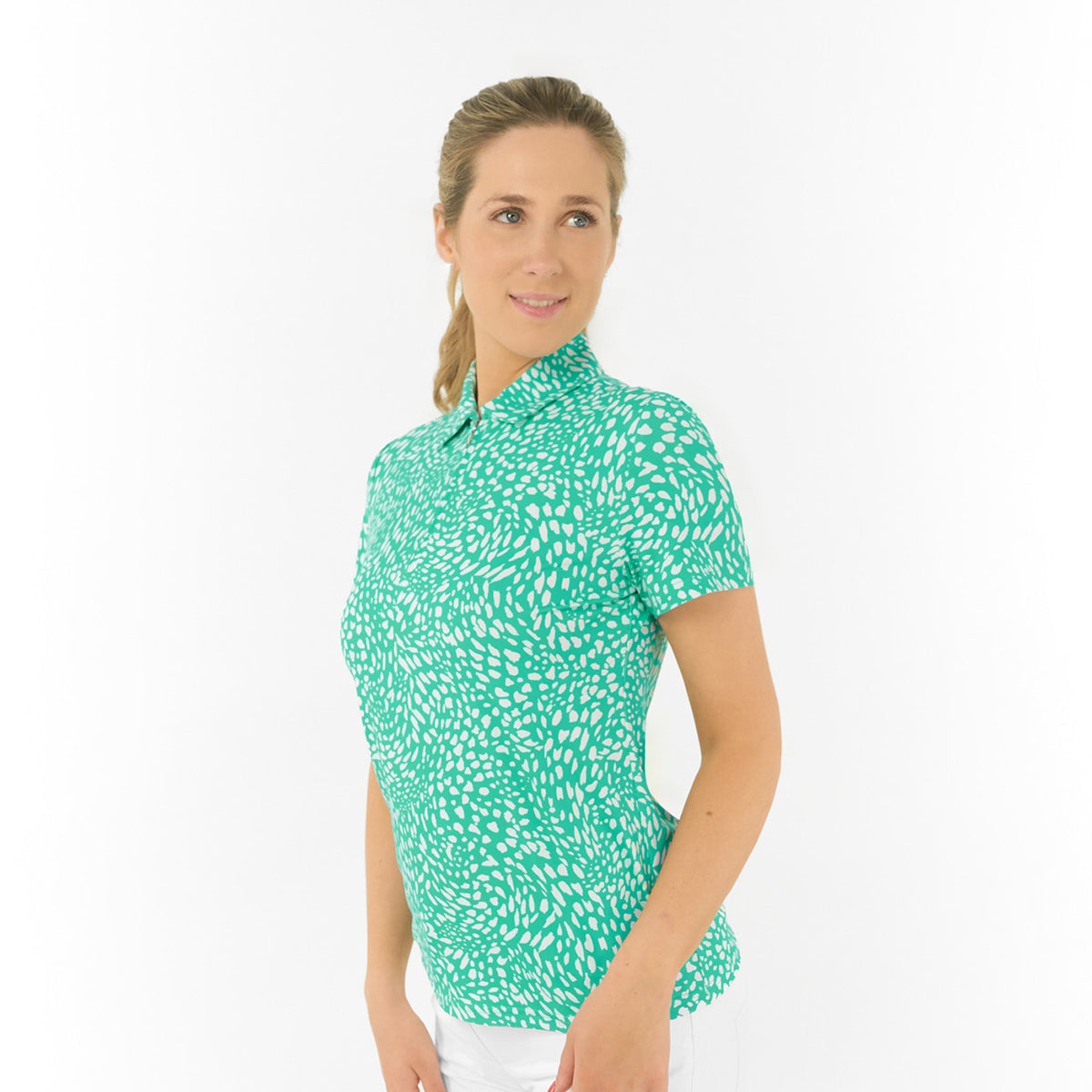 Pure Golf Ladies Short Sleeve Polo in Abstract Print – Striking Print Meets Effortless Performance
