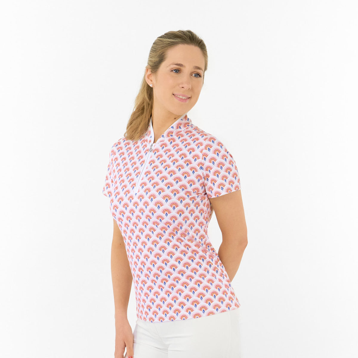 Pure Ladies Short Sleeve Polo in Rainbow Geo Print for Confident, Colourful Golfing