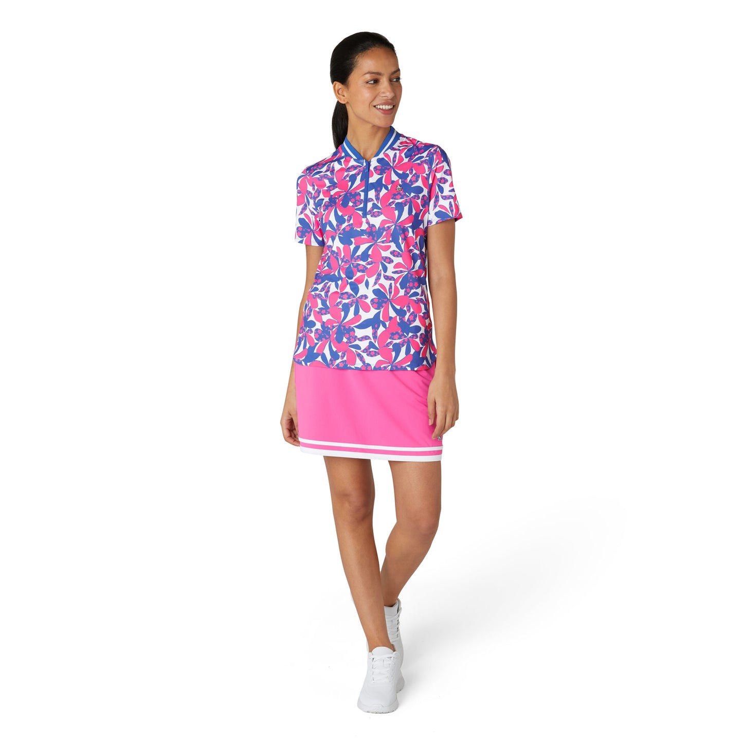 Original Penguin Ladies Short Sleeve Floral Print Polo Shirt in Cheeky Pink