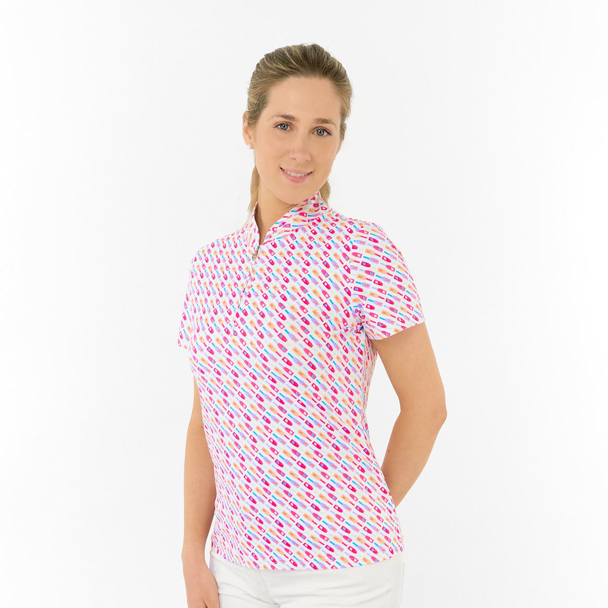 Pure Ladies Short Sleeve Polo in Fun Bottle Print for Playful Style & Comfortable Wear