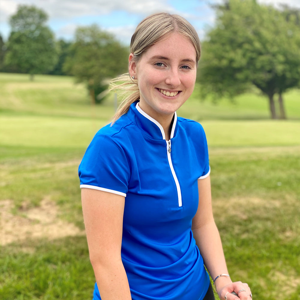 Pure Golf Ladies Cap Sleeve Mandarin Polo Shirt in Royal Blue