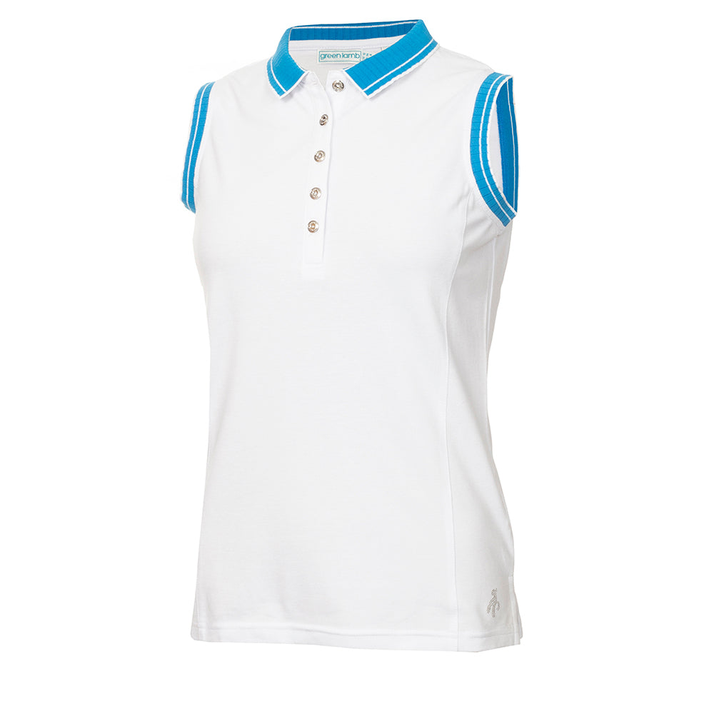 Green Lamb Ladies Organic Cotton Sleeveless Club Polo in White & Cobalt