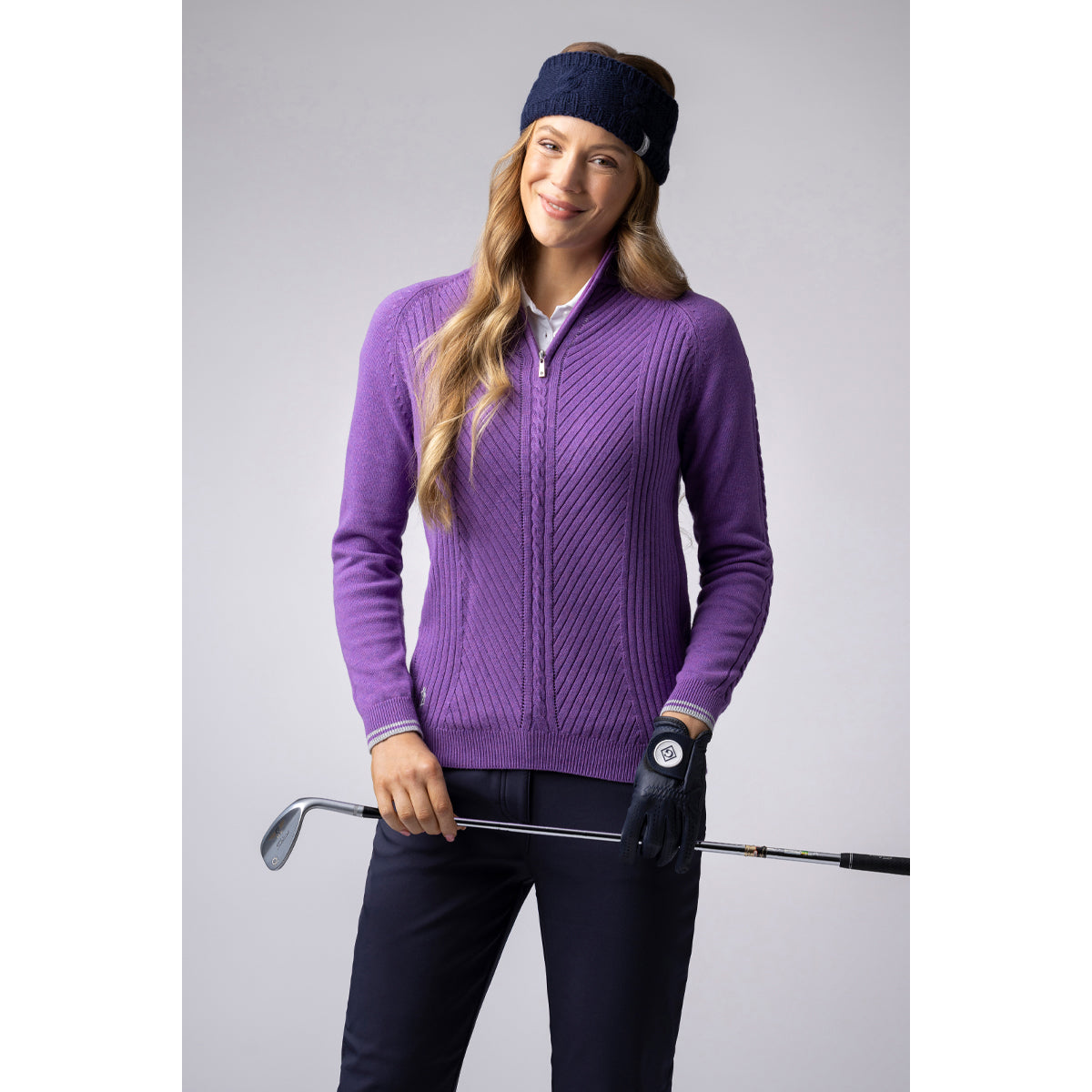 Glenmuir Ladies Rib & Cable Design Zip-Neck Sweater with Cashmere in Amethyst Marl