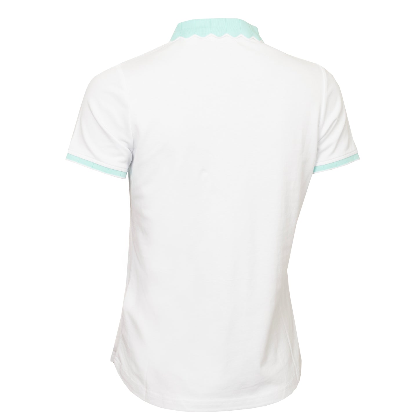 Green Lamb Ladies Short Sleeve Polo with Scalloped Collar in White & Aqua