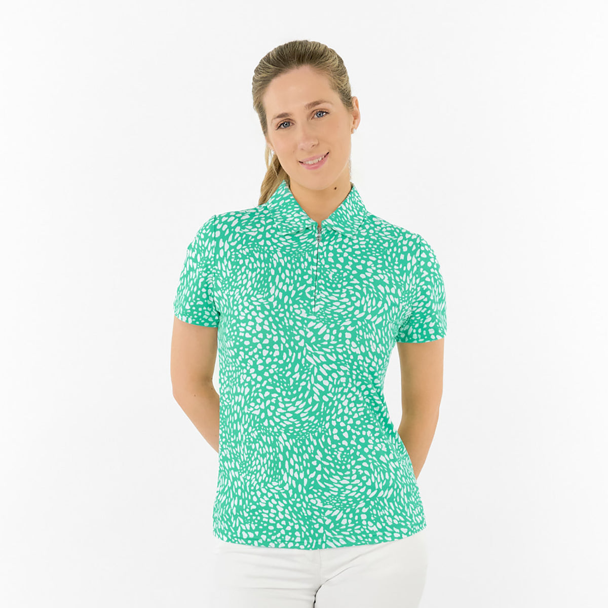Pure Golf Ladies Short Sleeve Polo in Abstract Print – Striking Print Meets Effortless Performance