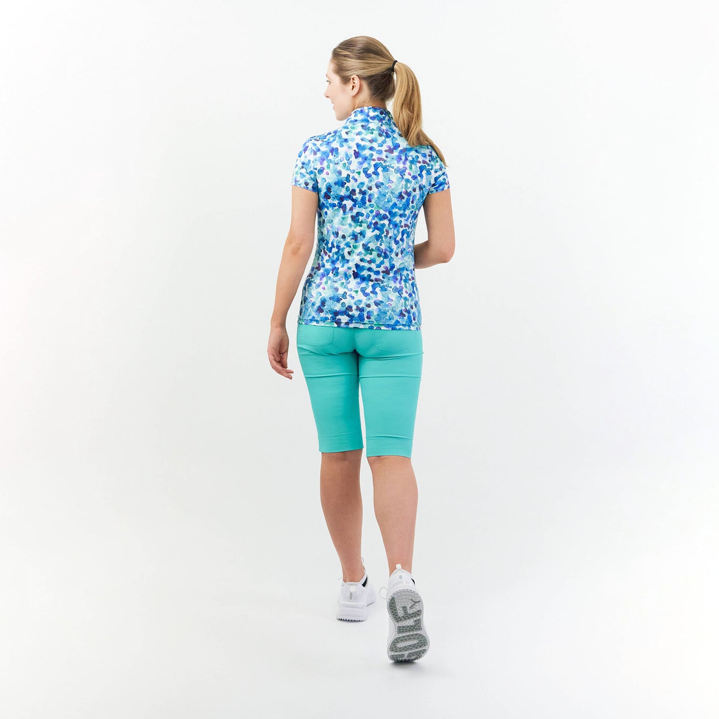 Pure Golf Cap Sleeve Zip Neck Top in Dappled Ocean Print