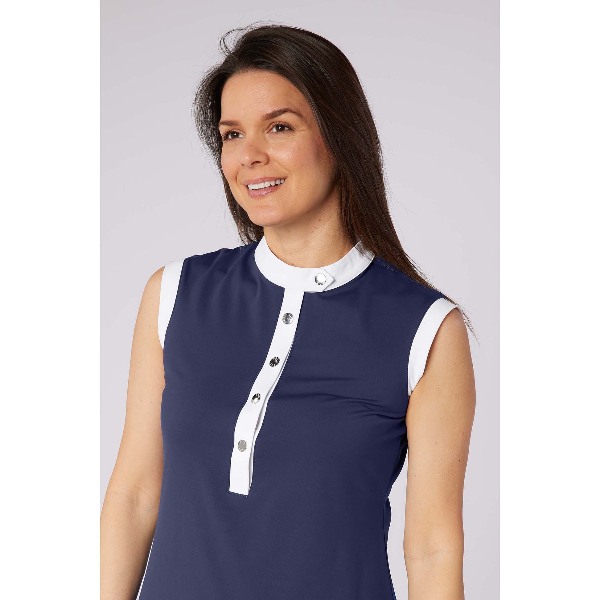 Swing Out Sister Navy Ladies Sleeveless Dress with Elegant Neckline & Standout Contrast Trim