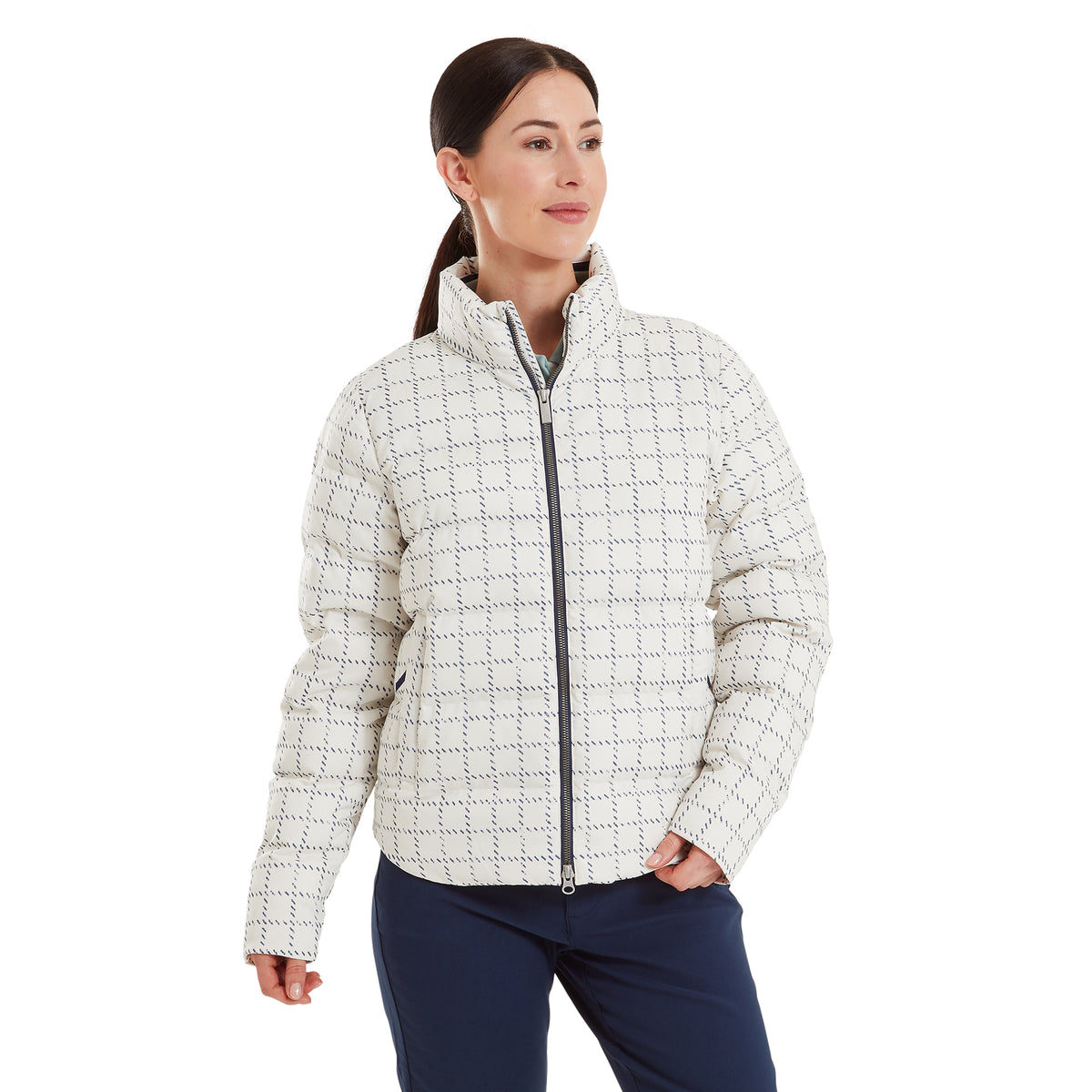 FootJoy Ladies Water Resistant Thermal Insulated Jacket in Cream with Navy Distressed Check