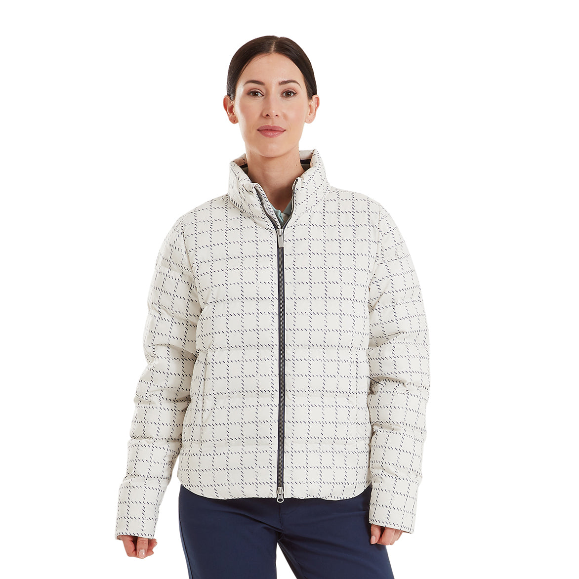 FootJoy Ladies Water Resistant Thermal Insulated Jacket in Cream with Navy Distressed Check