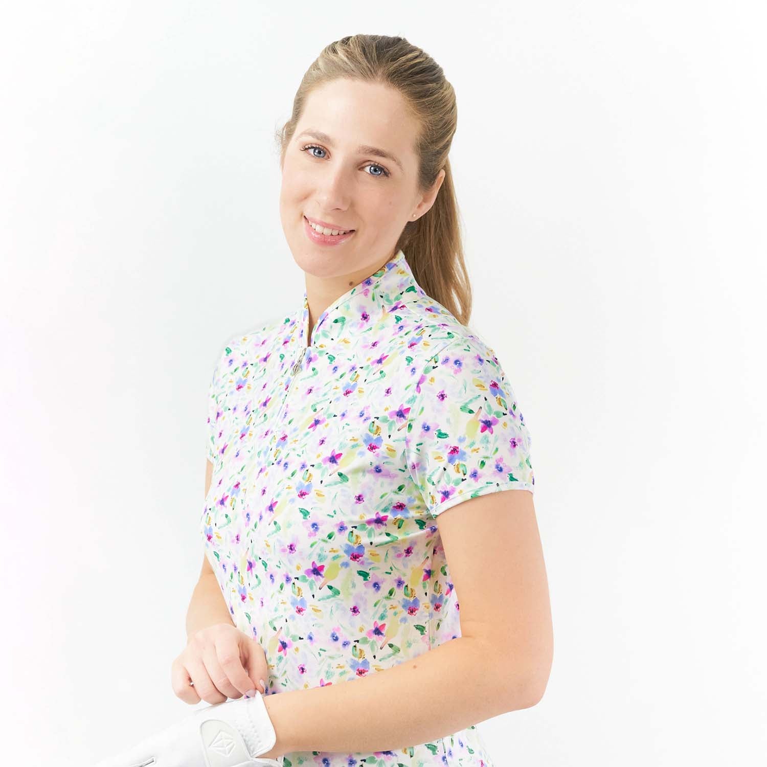 Pure Golf Cap Sleeve Zip Top in Ethereal Bouquet Print