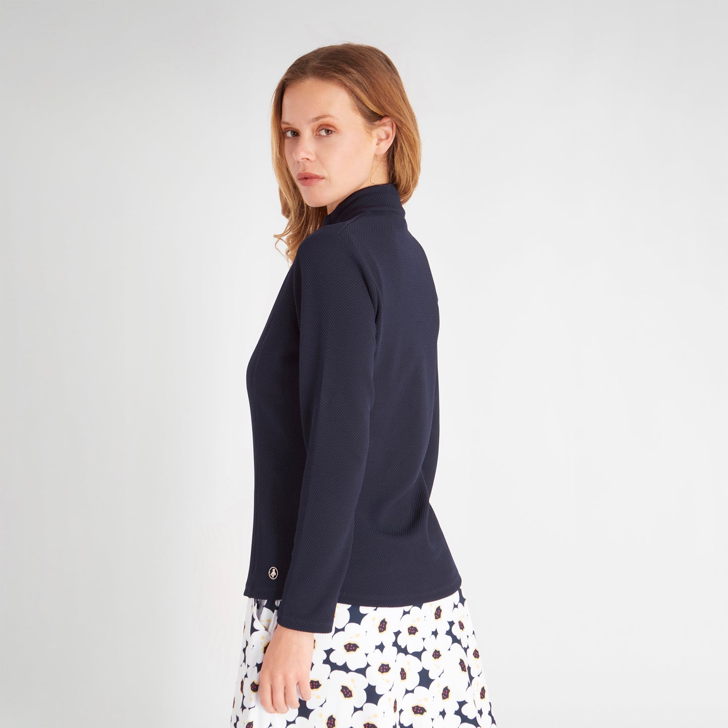 Green Lamb Women's Long Sleeve Zip-Neck Top with Waffle Design in Navy