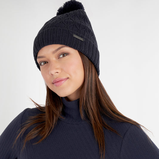 Green Lamb Ladies Fleece Lined Cable Knit Bobble Hat in Navy