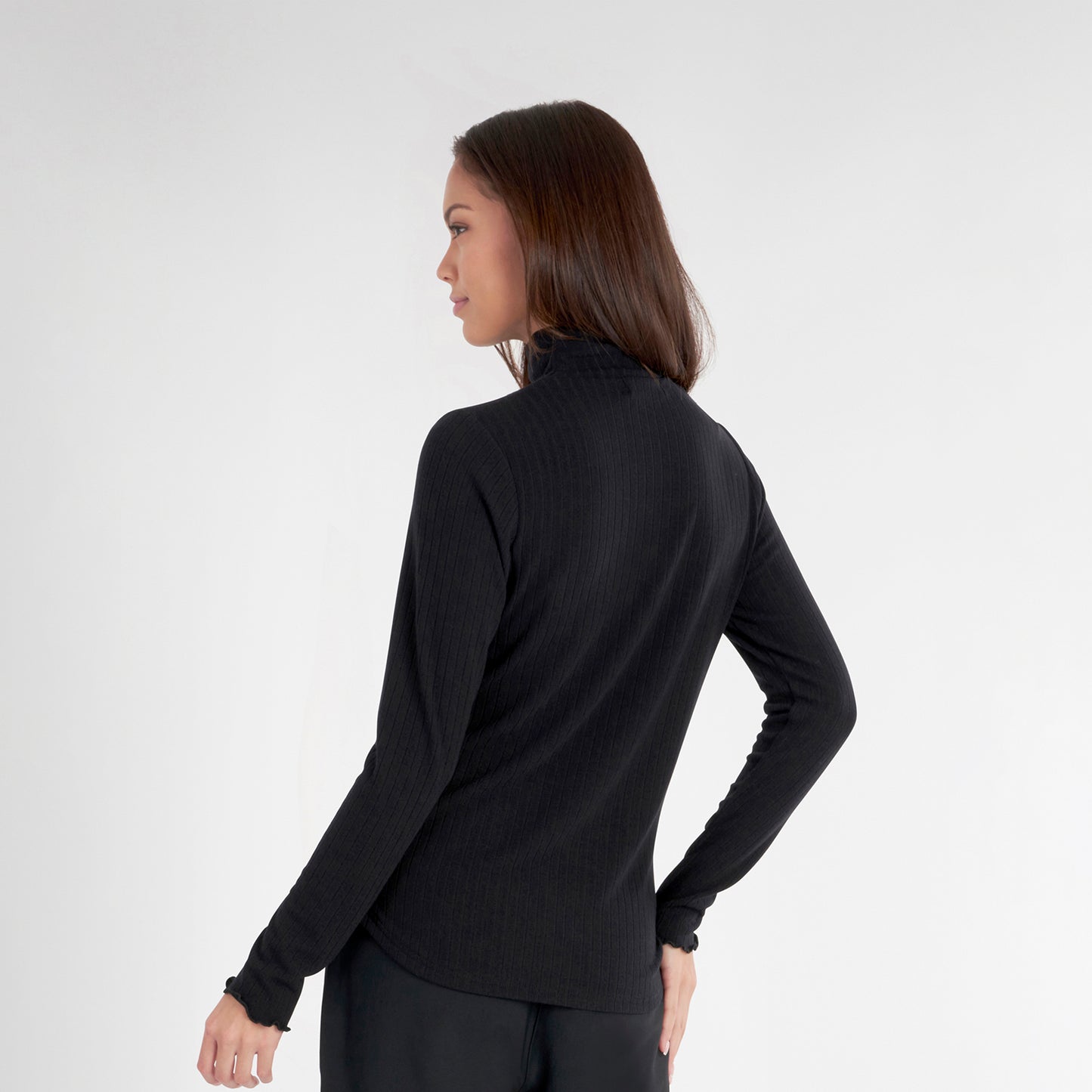 Green Lamb Womens Soft-Stretch Roll Neck in Black with Diagonal Rib Detail