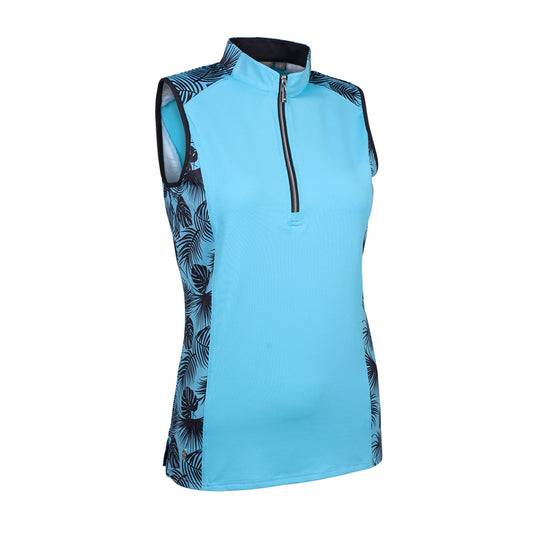 Glenmuir Ladies Sleeveless Polo with Contrast Tropical Print Panels in Aqua & Black