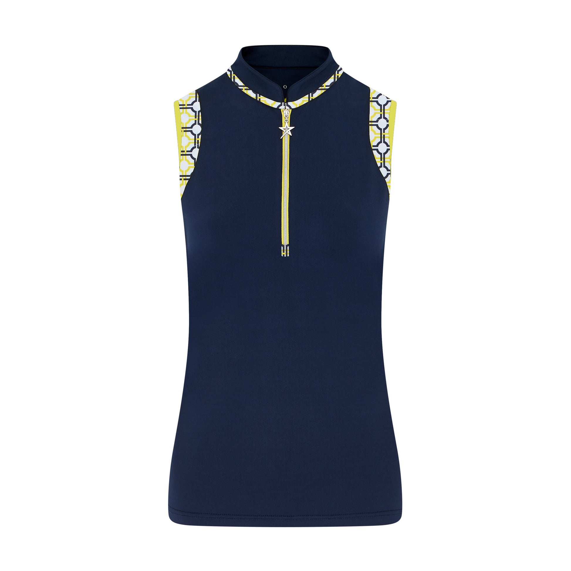 Swing Out Sister Women's Zip Neck Sleeveless Polo in Sunshine and Navy