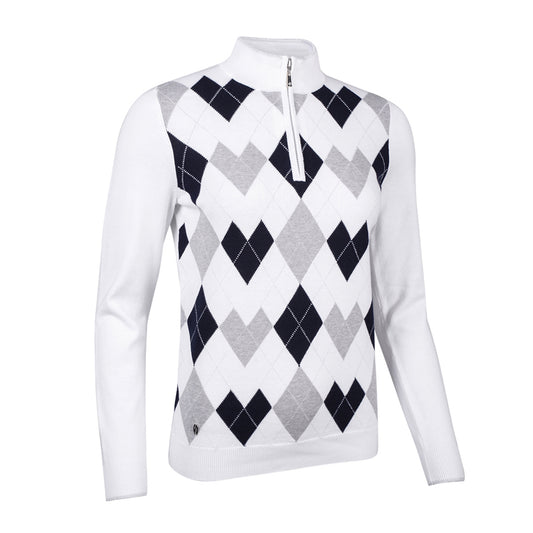 Glenmuir Ladies Argyle Zip-Neck Sweater in White & Navy