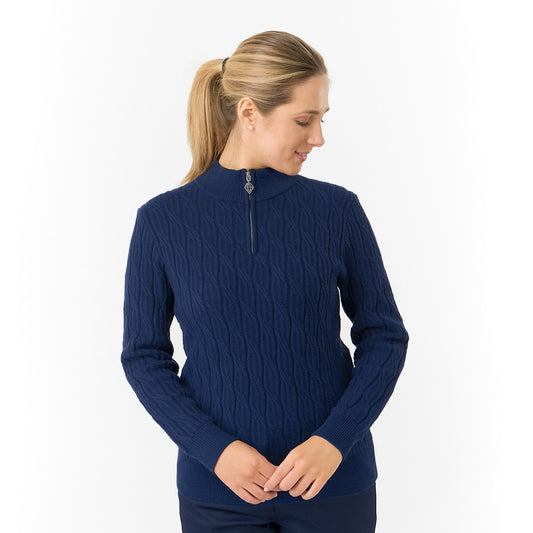Pure Golf Ladies Quarter Zip Cable Knit Lined Sweater in Navy
