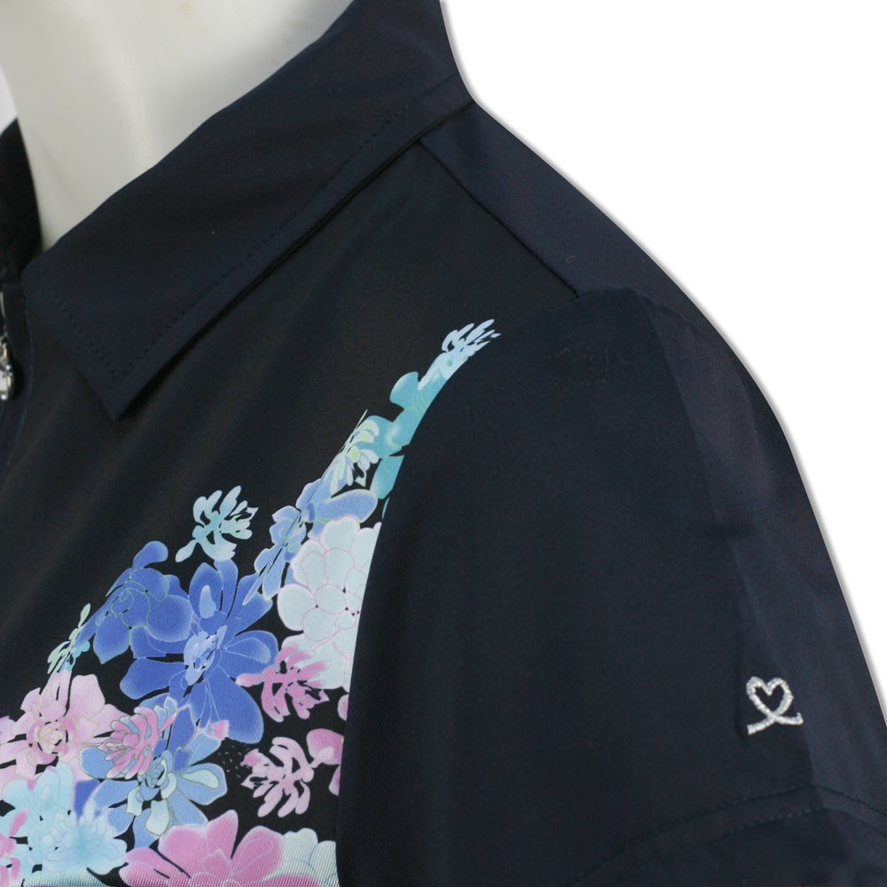 Daily Sports Ladies Short Sleeve Polo with Zip-Neck in Navy & Floral Print