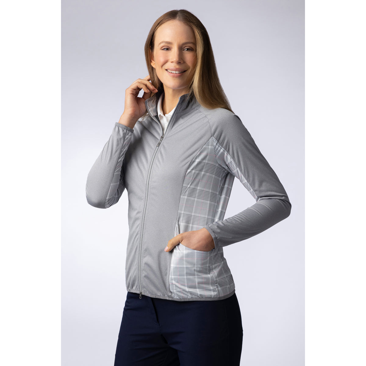 Glenmuir Ladies Lightweight Showerproof Performance Golf Jacket in Light Grey Marl/White/Candy Check