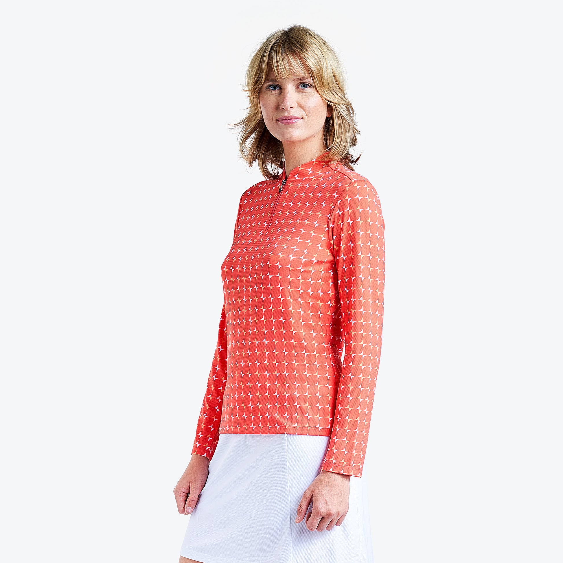 Nivo Ladies Long Sleeve Polo in Geometric Leaf Tile Print