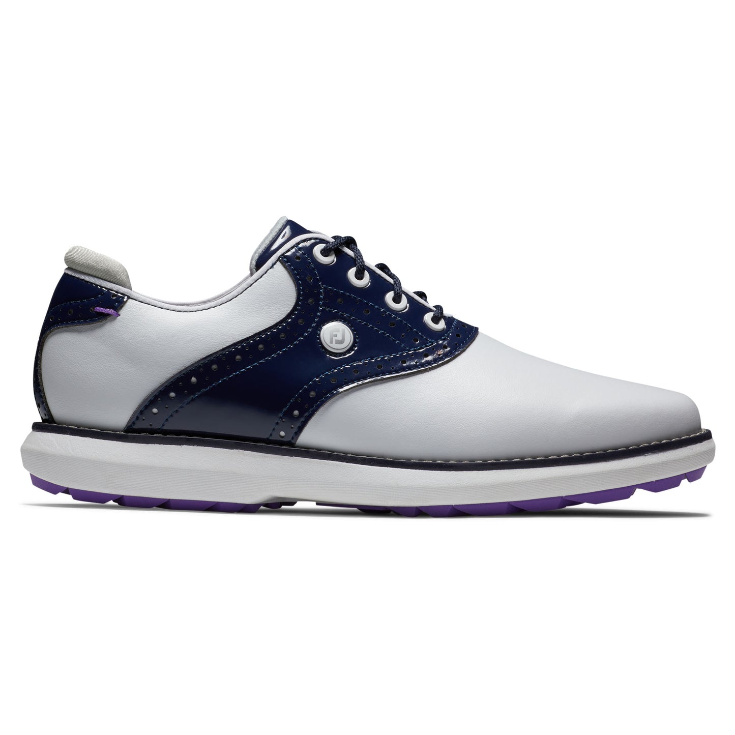 FootJoy Ladies Wide Fit Waterproof Spikeless Traditions Shoes in White, Navy & Purple