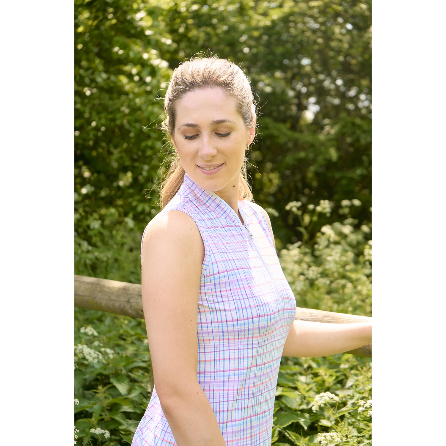 Pure Golf Ladies Sleeveless Polo Shirt in Pastel Check Print