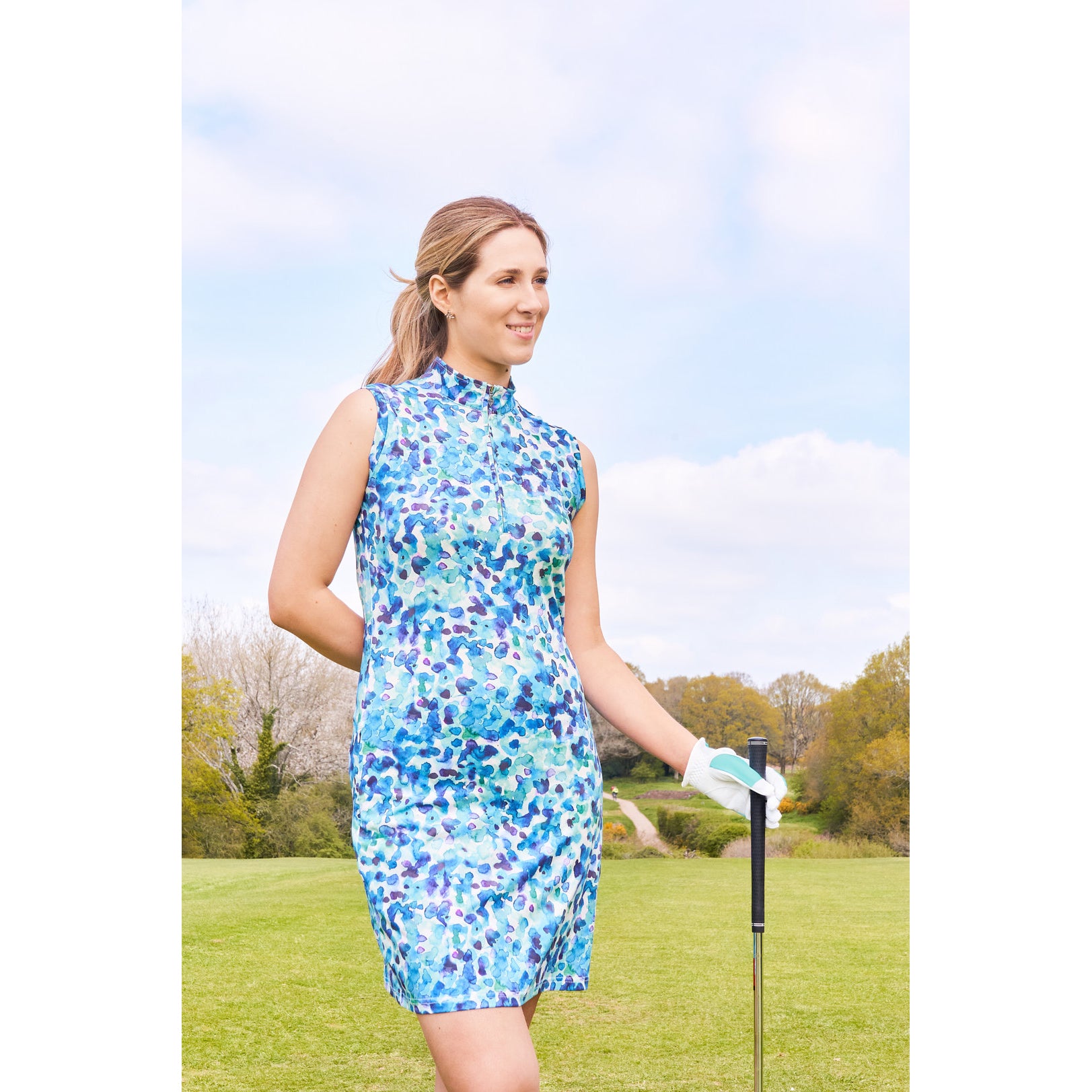 Pure Golf Sleeveless Dress in Dappled Ocean Print