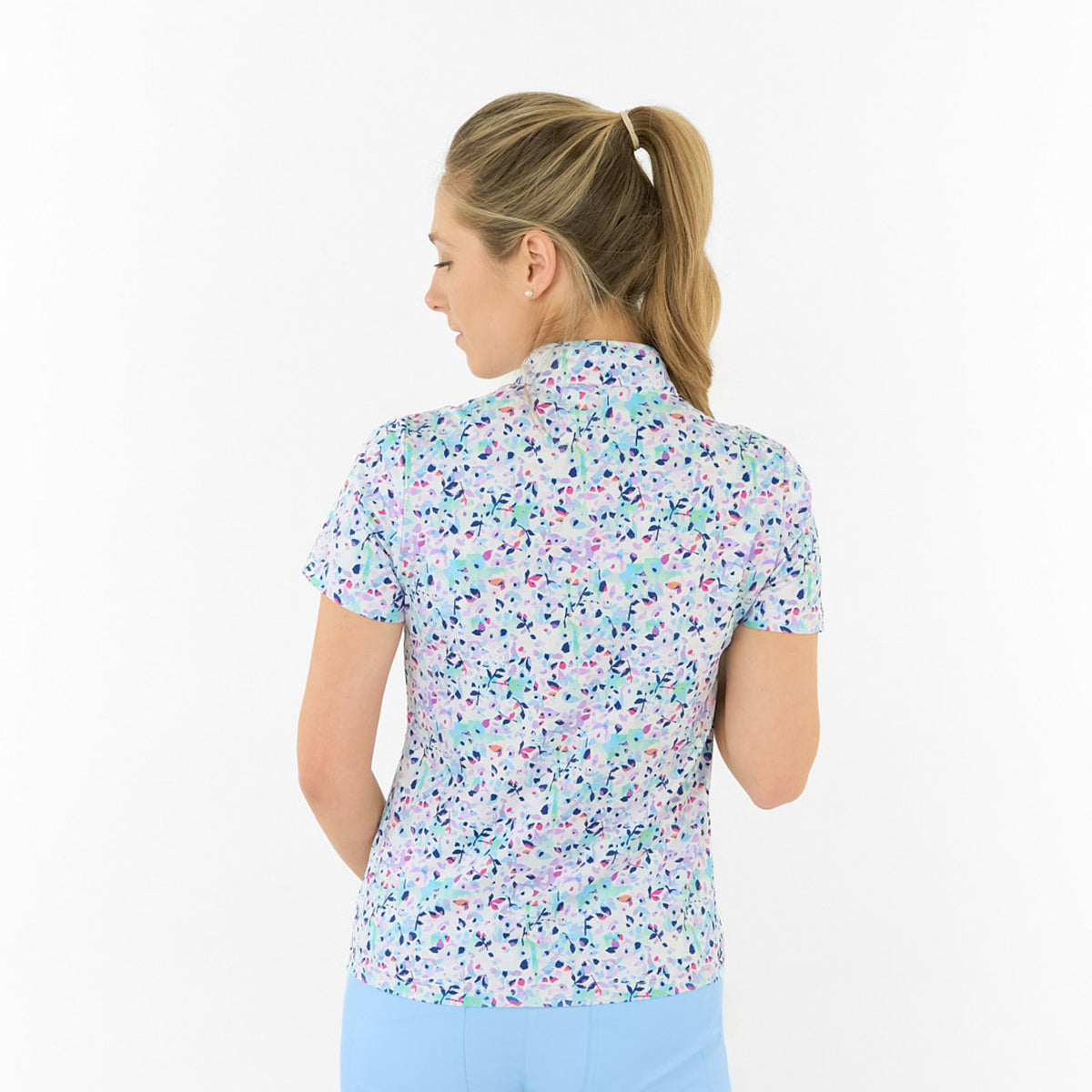 Pure Ladies Short Sleeve Polo in Multi-Coloured Print for Colourful Performance & Effortless Chic