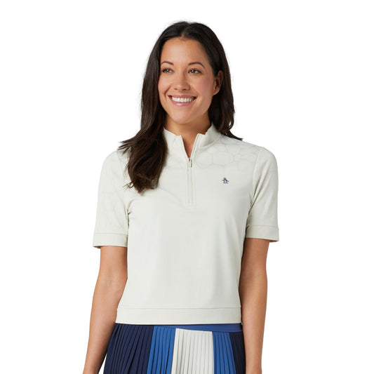 Original Penguin Ladies Zip Neck Polo with Laser Cut Floral Design