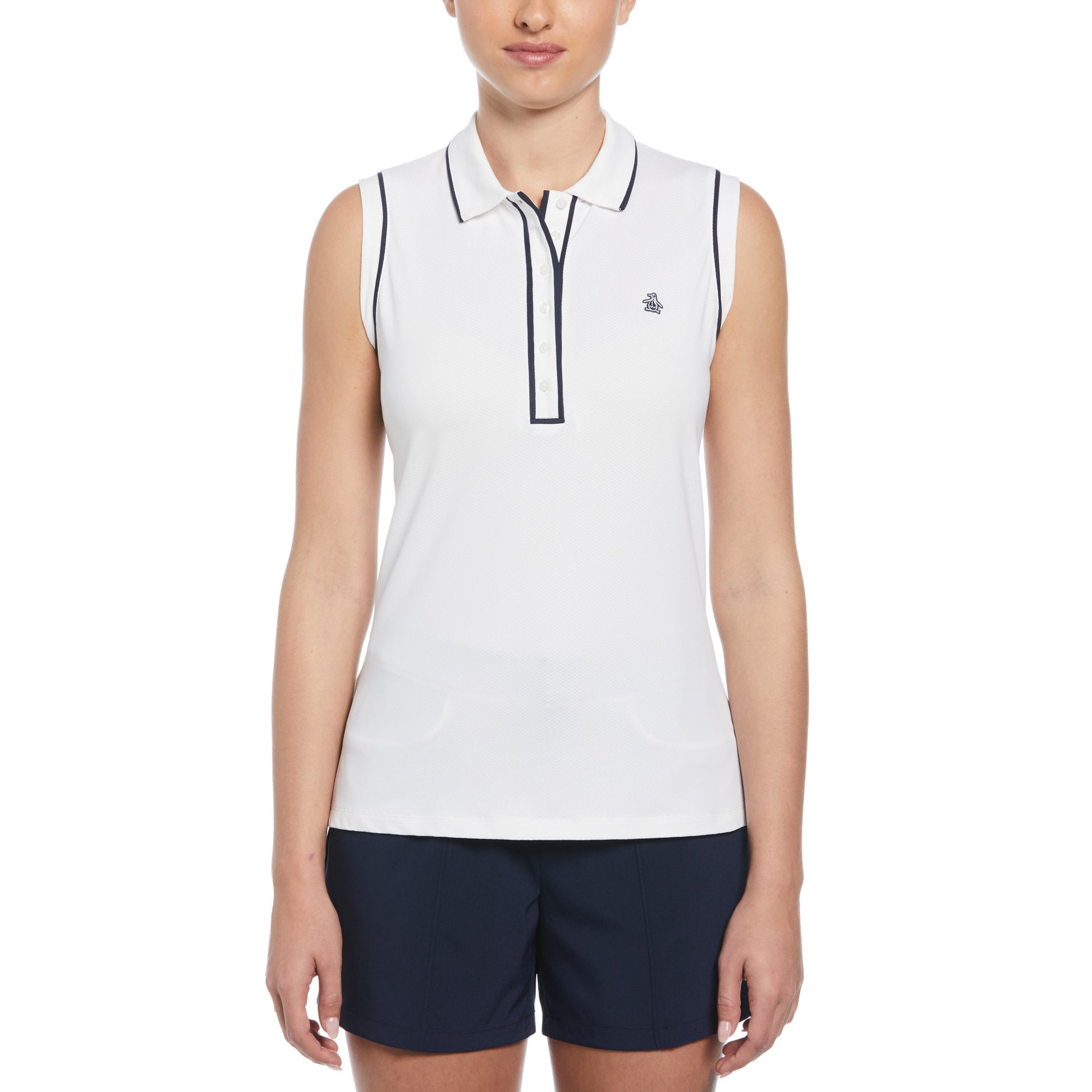 Original Penguin Women's Sleeveless Polo in Bright White with Contrast Piping