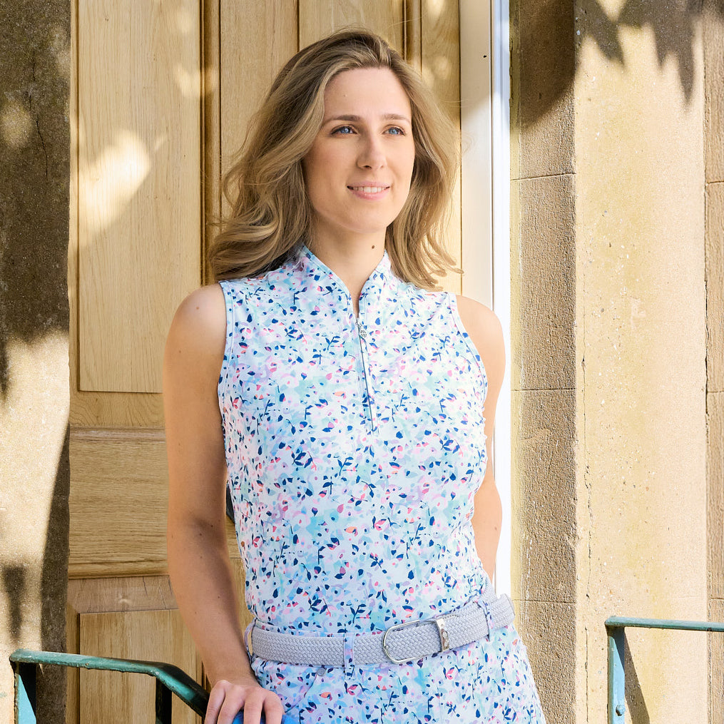 Pure Golf Ladies Sleeveless Polo in Abstract Nature Print – Inspired by Nature, Designed for Performance