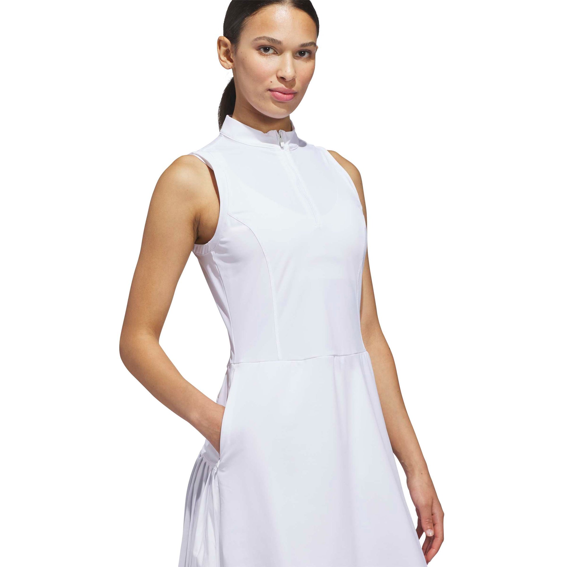 adidas Golf Ladies Sleeveless Dress with Decorative Rear Pleats for Lightweight Stretch Comfort & Standout Style