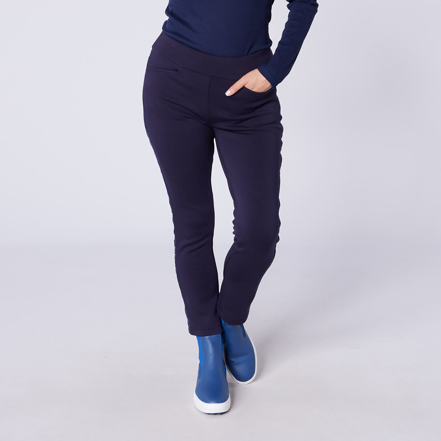 Swing Out Sister Ladies Thermal Pull-On Fleece Backed Trousers with Side Stripe in Navy