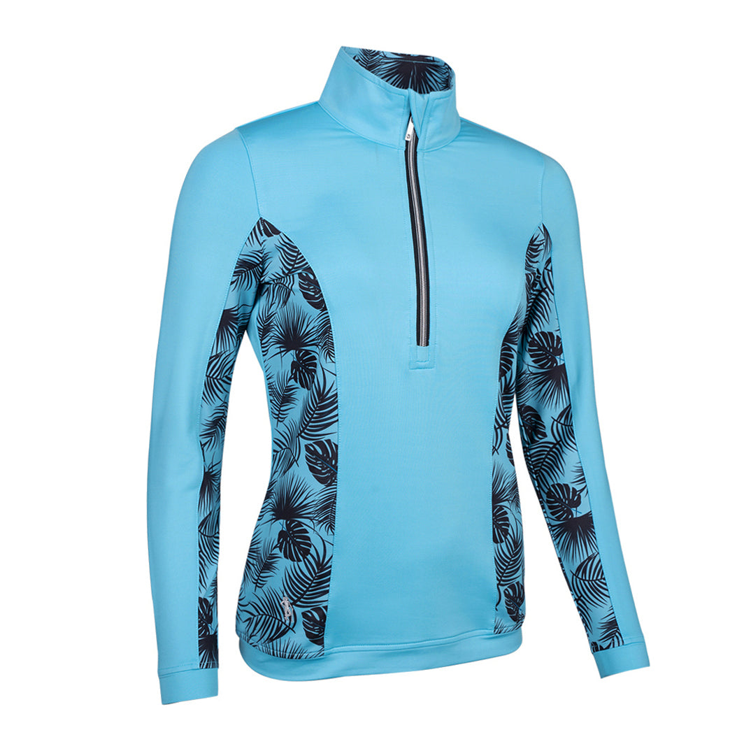 Glenmuir Ladies Lightweight Mid-Layer with Zip-Neck in Aqua & Black Tropical Print