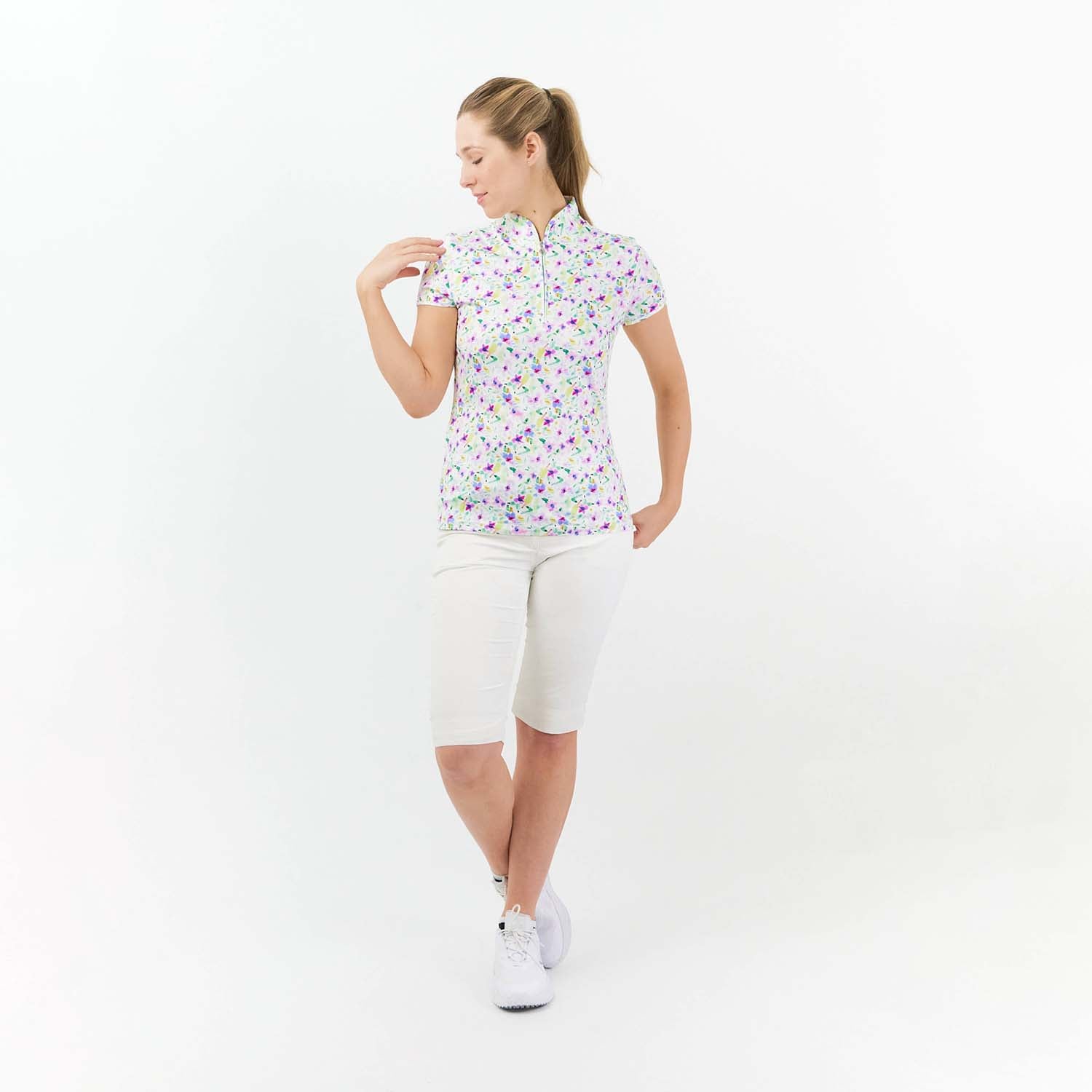 Pure Golf Cap Sleeve Zip Top in Ethereal Bouquet Print