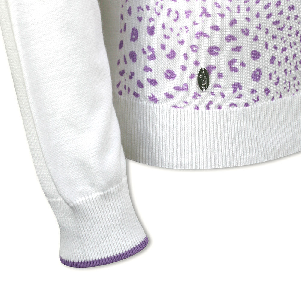Glenmuir Ladies Long Sleeve Cotton Sweater with Animal Print Detail in White/Amethyst
