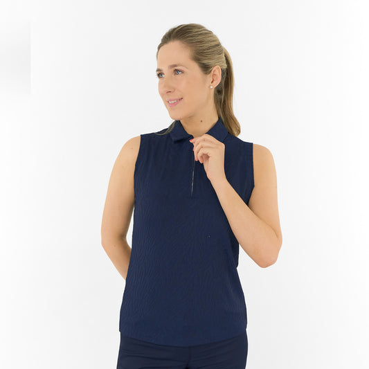 Pure Golf Ladies Textured Sleeveless Polo in Navy – Subtle Sophistication Meets Effortless Play