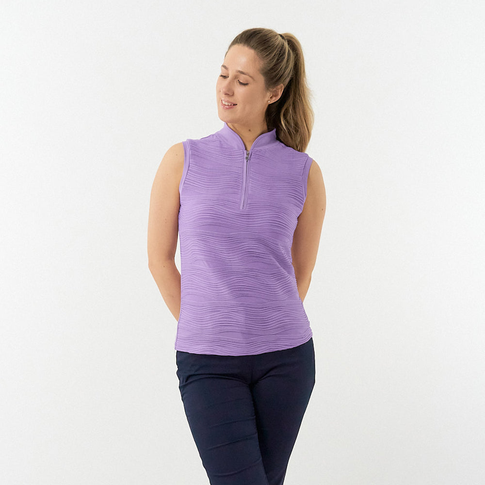 Pure Ladies Textured Wave Print Sleeveless Polo Shirt in Lilac