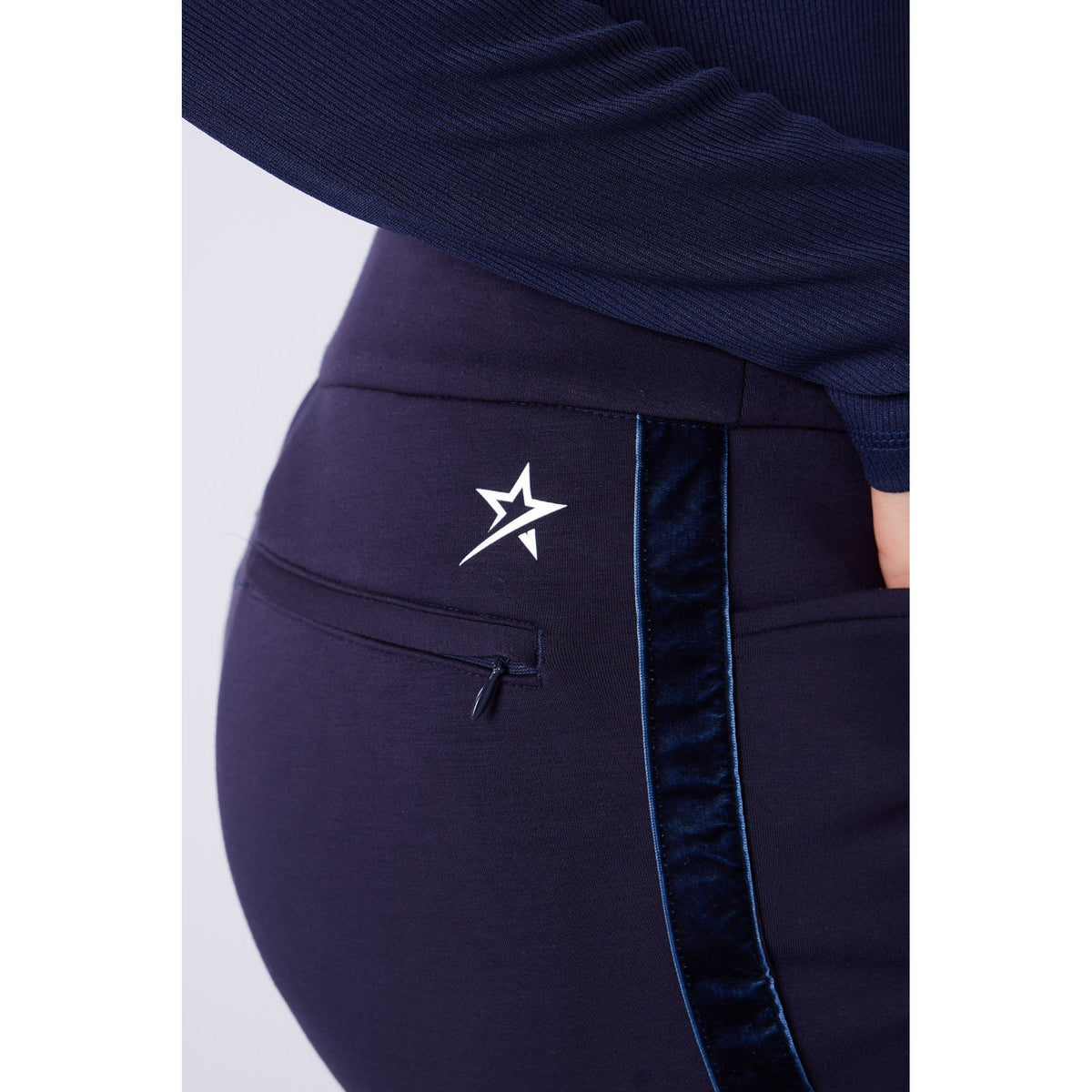 Swing Out Sister Thermal Pull-On Fleece Backed Trousers with Side Stripe in Navy