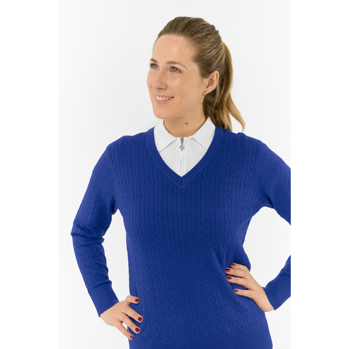 Pure Ladies Cable Knit V-Neck Golf Sweater