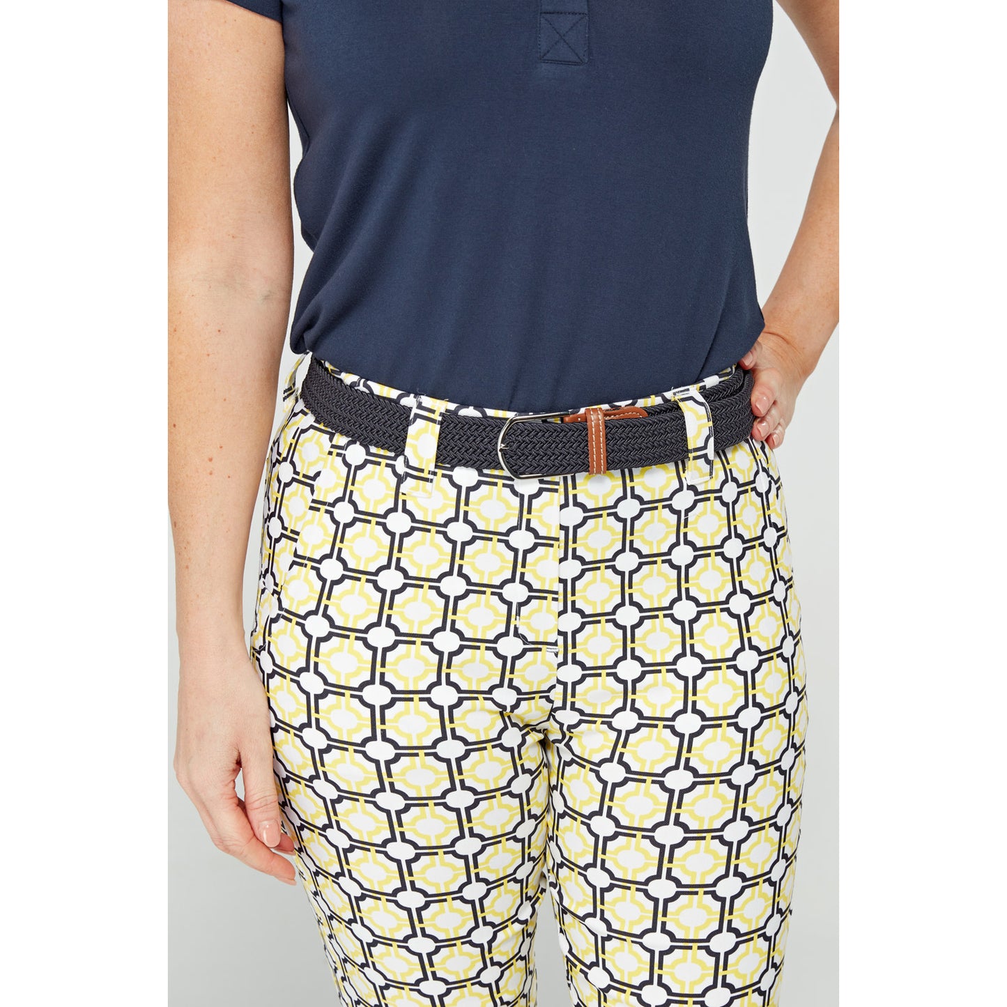 Swing Out Sister Women's Pull-On Capris in Navy and Sunshine with Mosaic Pattern