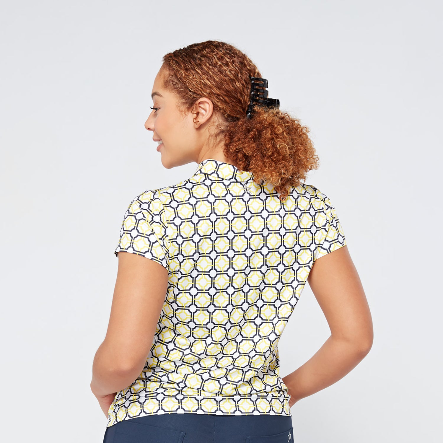 Swing Out Sister Ladies Cap Sleeve Polo in Sunshine and Navy Mosaic Pattern	