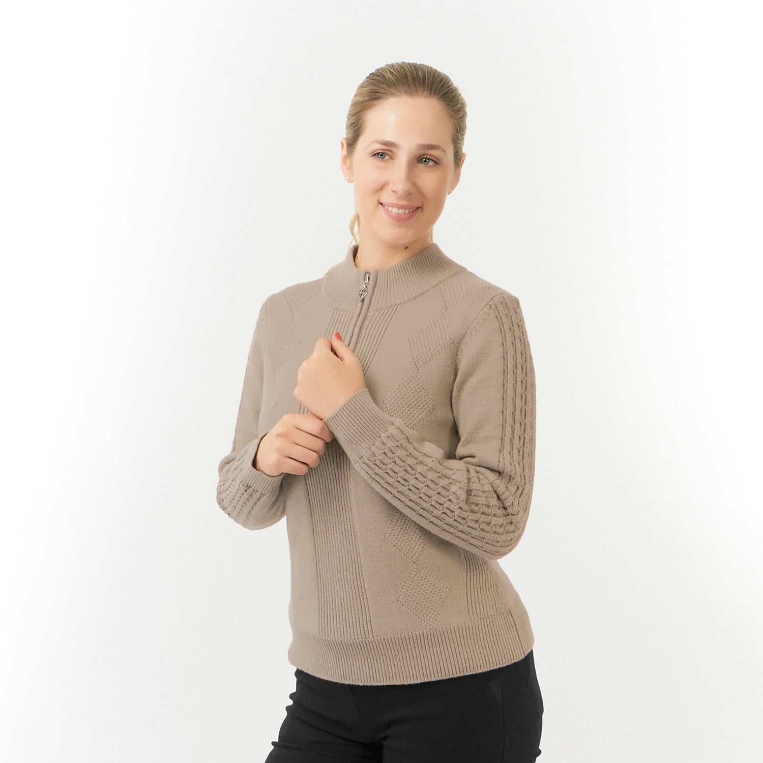 Pure Womens Lined Zip-Neck Golf Sweater with Cable Knit Design