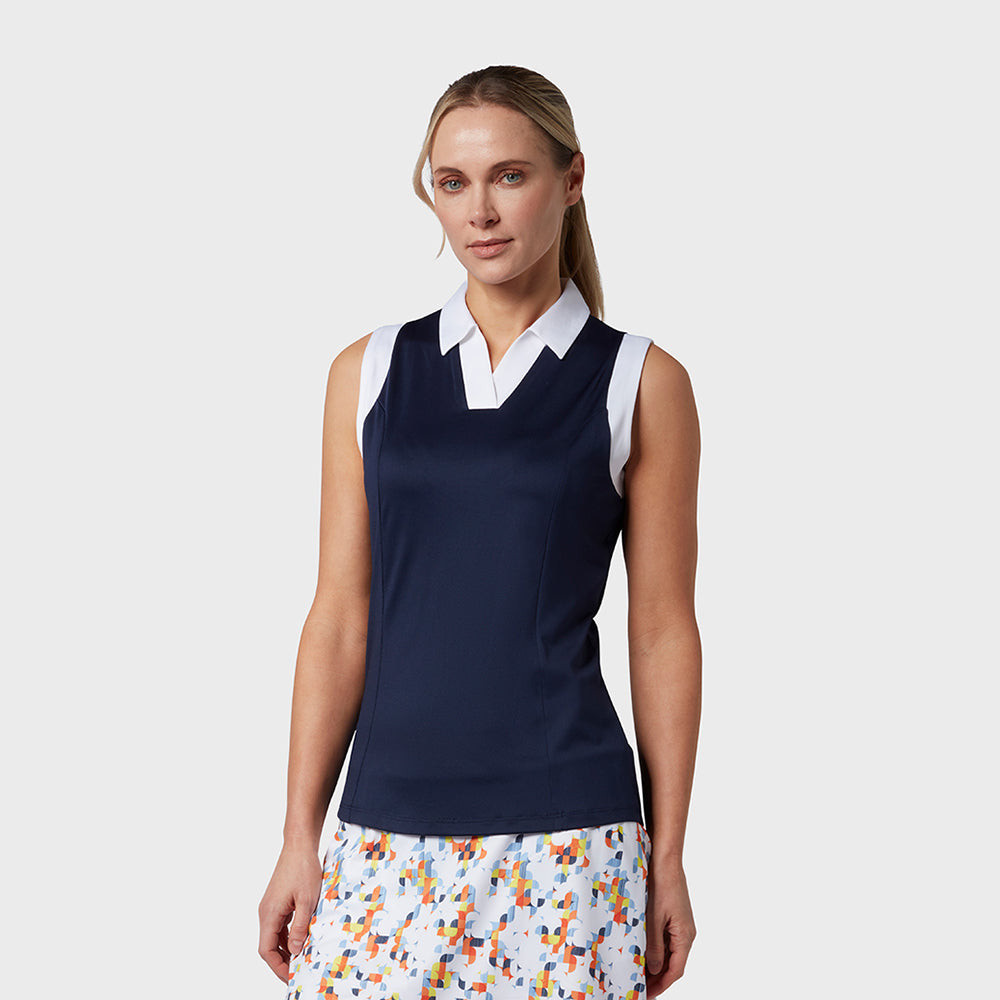 Callaway Ladies Sleeveless Colour Block Polo Shirt in Peacoat Navy