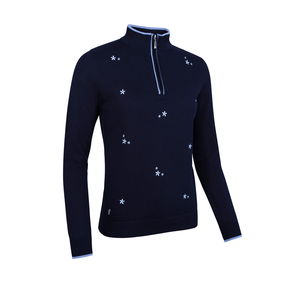 Glenmuir Ladies Premium Cotton Zip-Neck Navy Sweater with Embroidered Flowers