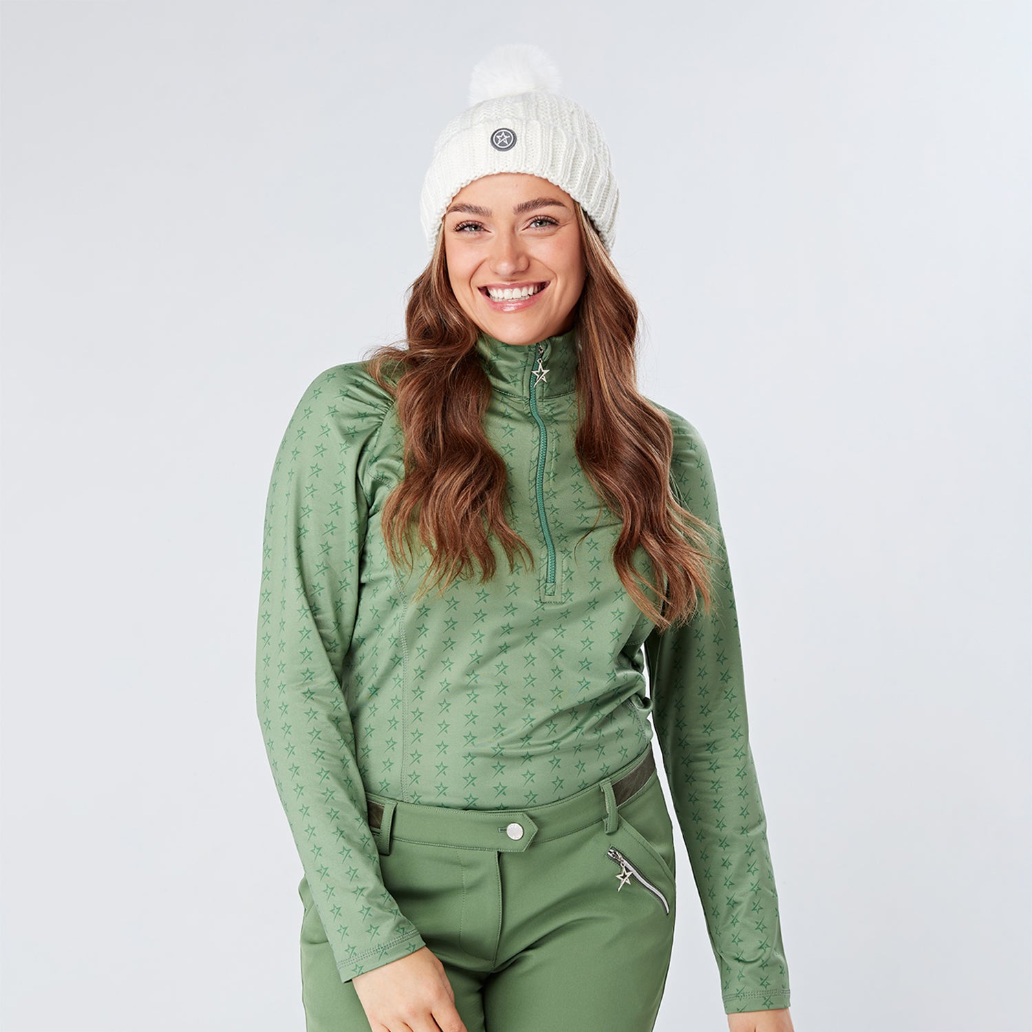 Swing Out Sister Ladies Magic Stars Zip-Neck Midlayer Top in Sage Magic Stars