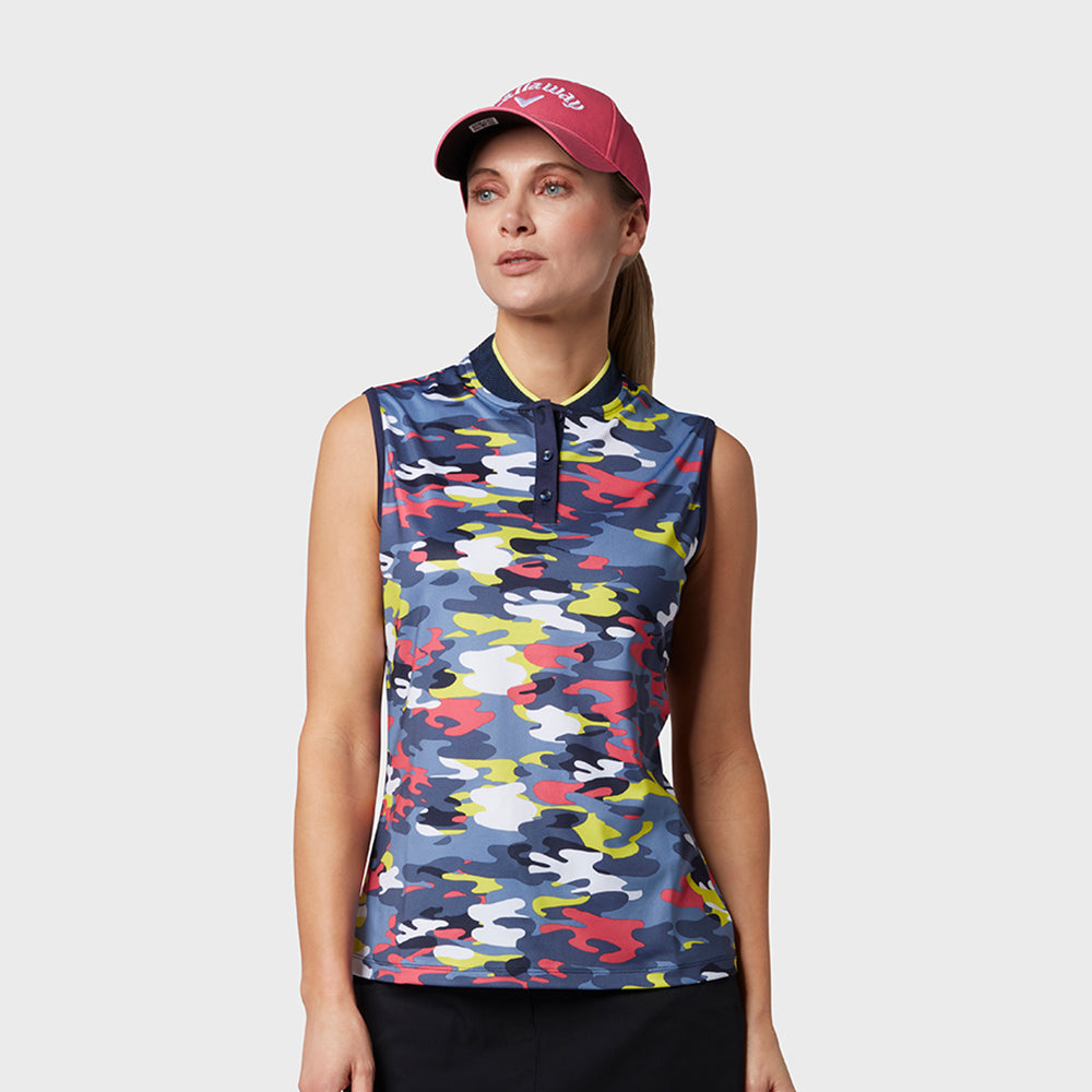 Callaway Ladies Sleeveless Camo Print Polo with Mesh Mock Neck